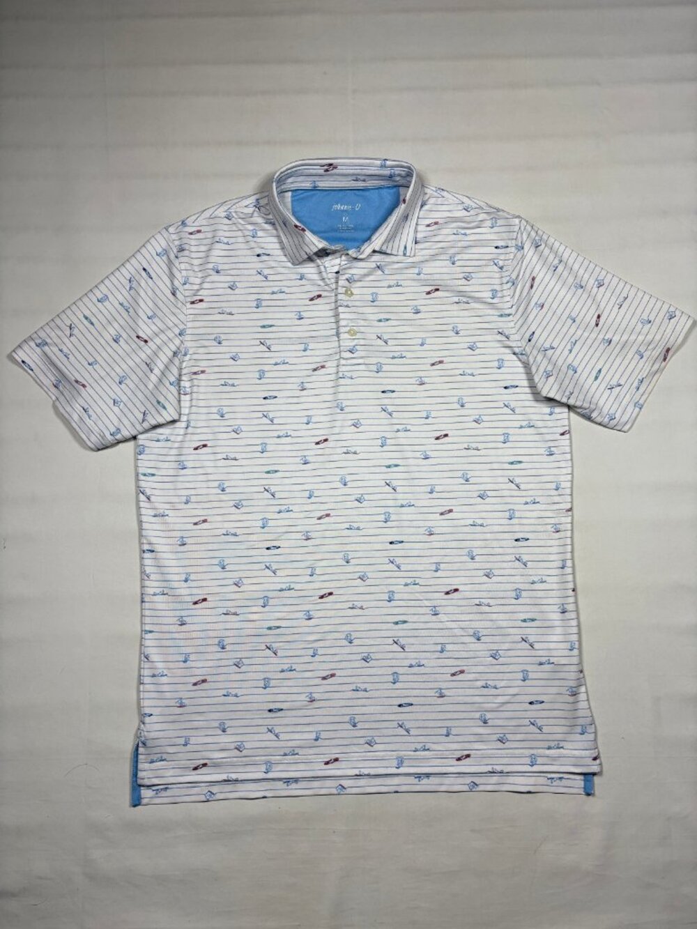 Johnnie-O Surfin Stripes Performance Polo Shirt Mens Medium M White Blue Surfer